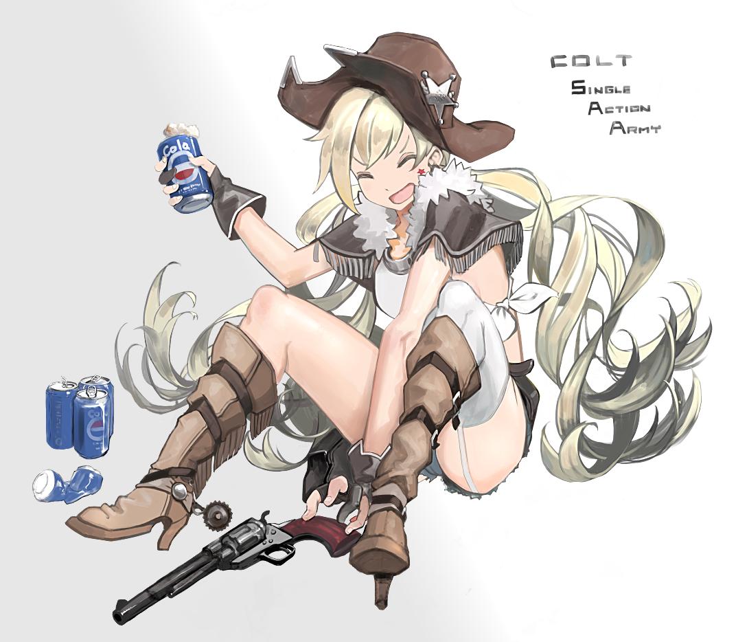 1girl bangs blonde_hair boots can character_name closed_eyes cola colt_m1873_(girls_frontline) colt_saa cowboy_boots cowboy_hat drink facial_mark fur_trim girls_frontline gloves gun handgun hat holding holding_can holster kesomaru long_hair open_mouth partly_fingerless_gloves pistol revolver shorts simple_background single_thighhigh sitting soda_can solo spurs star thigh-highs twintails weapon western white_background