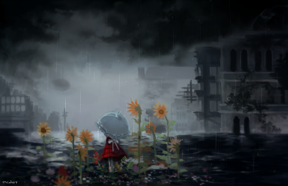 1girl artist_name black_clouds black_sky building city clouds cloudy_sky commentary_request dark encodory flower from_behind green_hair holding holding_umbrella kazami_yuuka parasol plaid plaid_skirt plaid_vest power_pole rain red_skirt red_vest ruins scenery skirt sky solo standing sunflower touhou umbrella vest