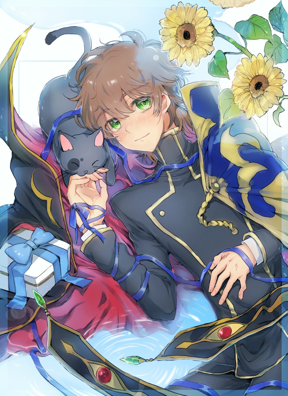 1boy black_jacket black_pants blue_ribbon box brown_hair cape cat code_geass eyebrows_visible_through_hair gift gift_box green_eyes hair_between_eyes hand_on_own_stomach highres jacket kururugi_suzaku long_sleeves lying male_focus on_back pants ribbon short_hair solo sumi_otto