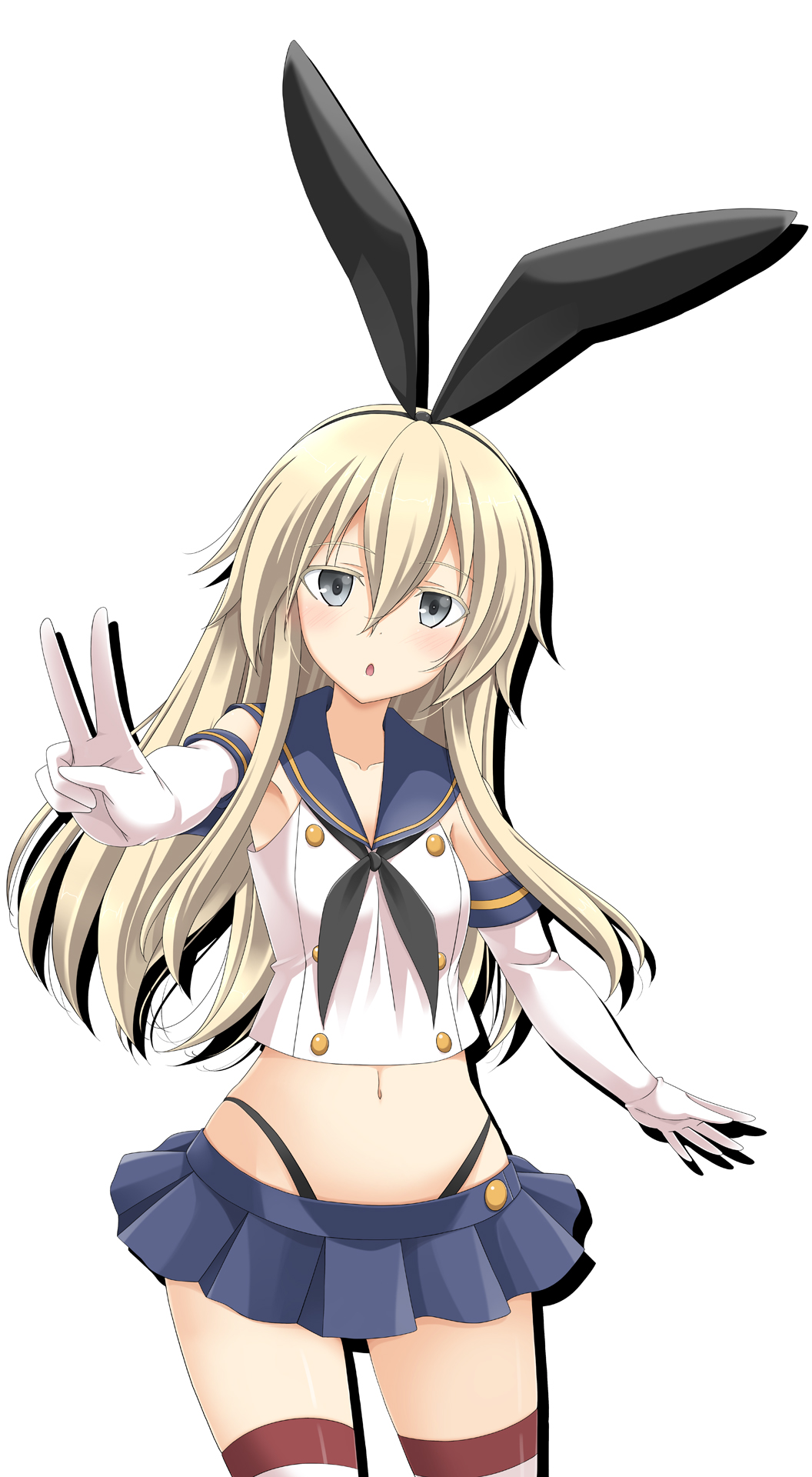 animal_ears blonde_hair breasts chestnut_mouth commentary_request crop_top elbow_gloves fake_animal_ears foreshortening gloves grey_eyes hair_between_eyes hairband highres kantai_collection long_hair looking_at_viewer navel neckerchief open_mouth outstretched_arm pleated_skirt rabbit_ears rappa_(rappaya) school_uniform serafuku shimakaze_(kantai_collection) shirt sidelocks skirt sleeveless sleeveless_shirt small_breasts solo standing striped striped_legwear thigh-highs upper_body v white_background