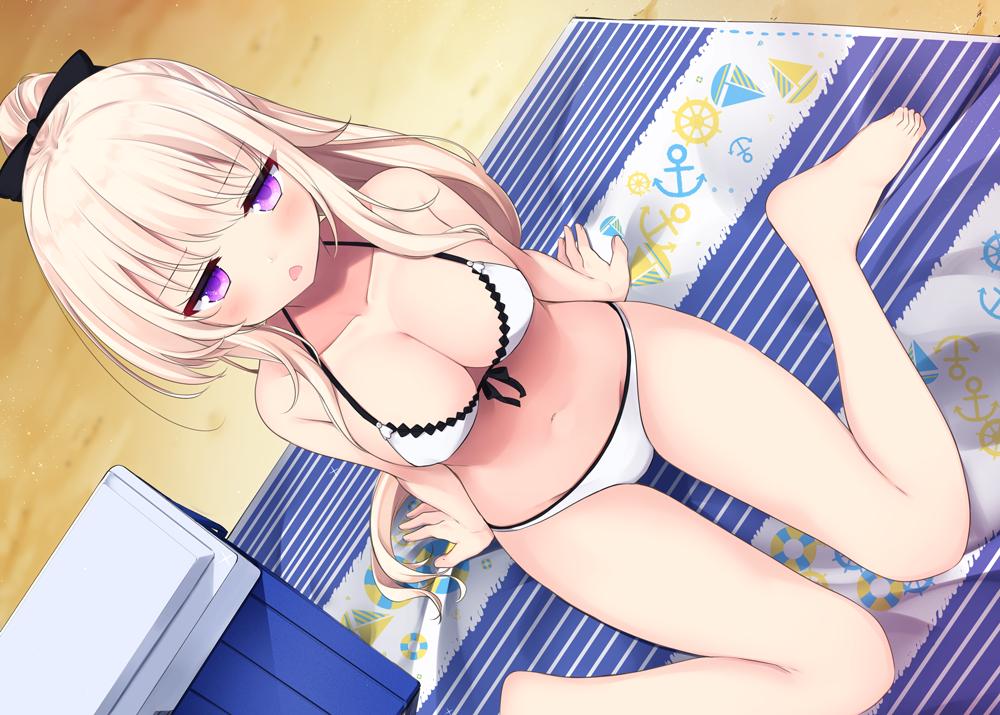 1girl annoyed arm_support beach beach_mat bikini black_ribbon blush collarbone cooler d: eyebrows_visible_through_hair hair_between_eyes hair_ribbon long_hair navel open_mouth original ponytail ribbon ribbon_bra sand sasahara_wakaba sitting solo swimsuit very_long_hair violet_eyes white_bikini