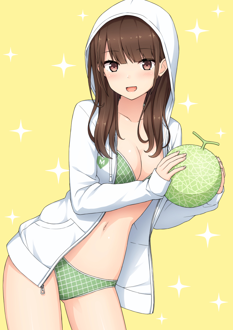 1girl bangs bikini bikini_under_clothes blunt_bangs breasts brown_hair cleavage collarbone cowboy_shot eyebrows_visible_through_hair food gluteal_fold green_bikini holding holding_food hood hood_up hooded_jacket jacket leaning_to_the_side long_hair long_sleeves looking_at_viewer medium_breasts muskmelon nakamura_sumikage open_clothes open_jacket original simple_background solo sparkle swimsuit unzipped violet_eyes white_jacket yellow_background zipper_pull_tab