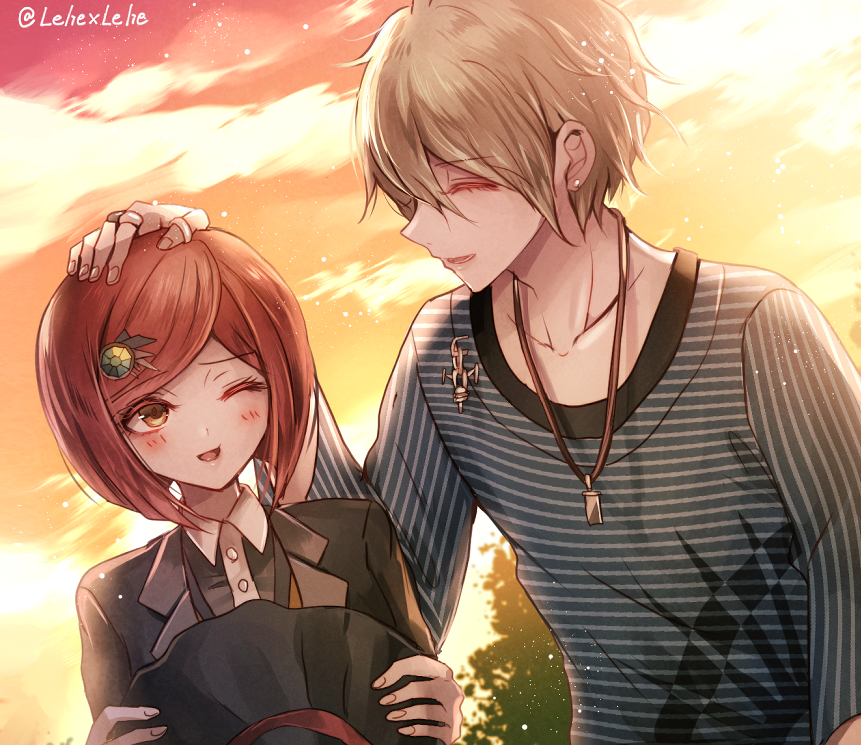 1boy 1girl @ amami_rantarou artist_name black_jacket blurry blurry_background blush bob_cut brown_eyes closed_eyes collarbone dangan_ronpa day ear_piercing eyebrows_visible_through_hair hair_ornament hairclip hat hat_removed headwear_removed holding holding_hat jacket jewelry looking_at_another necklace new_dangan_ronpa_v3 one_eye_closed open_mouth outdoors piercing redhead school_uniform short_hair striped upper_body witch_hat yumeno_himiko z-epto_(chat-noir86)