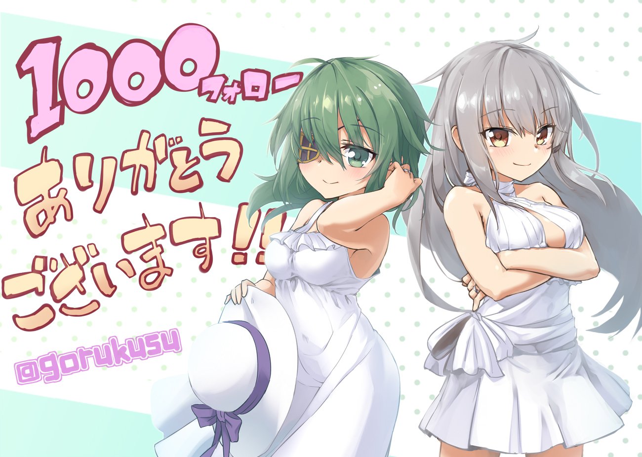 2girls alternate_costume breasts brown_eyes cheese_(cheese_koubou) closed_mouth dress eyebrows_visible_through_hair eyepatch facial_scar gangut_(kantai_collection) gradient gradient_background green_eyes green_hair grey_hair hair_between_eyes hat hat_ribbon kantai_collection kiso_(kantai_collection) long_dress long_hair medium_breasts multiple_girls ribbon scar scar_on_cheek short_dress short_hair smile twitter_username white_dress white_headwear