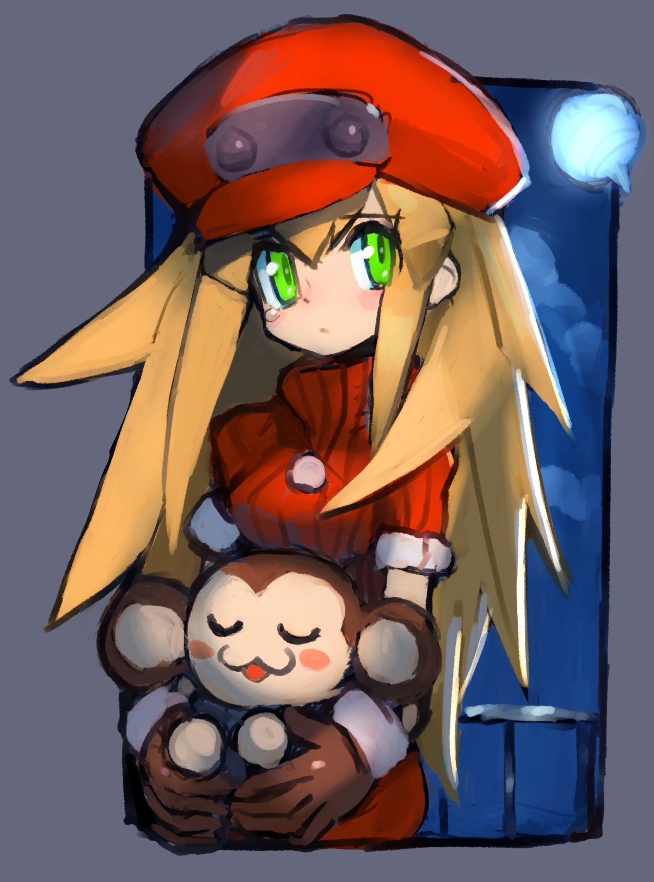 1girl alternate_hair_length alternate_hairstyle animal blonde_hair blush breasts brown_gloves cabbie_hat capcom dakusuta data_(rockman_dash) gloves green_eyes hair_between_eyes hat highres holding holding_animal long_hair medium_breasts monkey moon outside_border red_headwear ribbed_sweater rockman rockman_dash roll_caskett sidelocks solo sweater turtleneck turtleneck_sweater