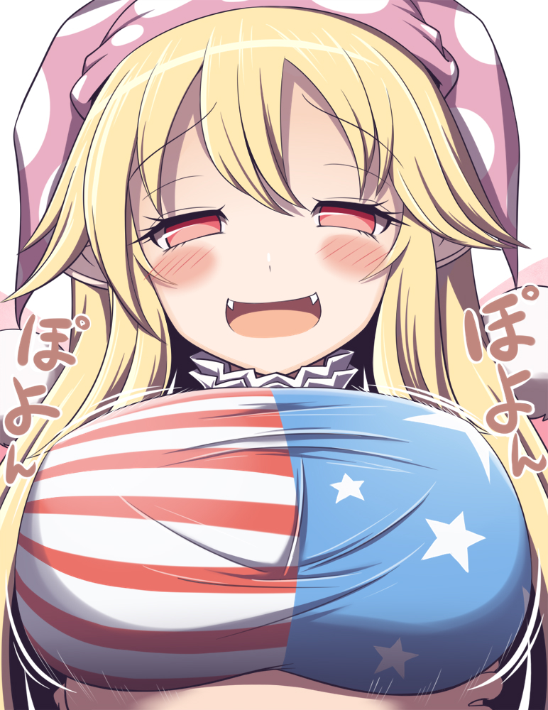 1girl american_flag_dress blonde_hair blush blush_stickers breast_hold breasts clownpiece collar commentary_request fangs frilled_collar frills hair_between_eyes hat jester_cap large_breasts looking_at_viewer open_mouth pointy_ears polka_dot polka_dot_hat red_eyes shiny shiny_hair short_sleeves solo star star_print touhou xialu_zajin
