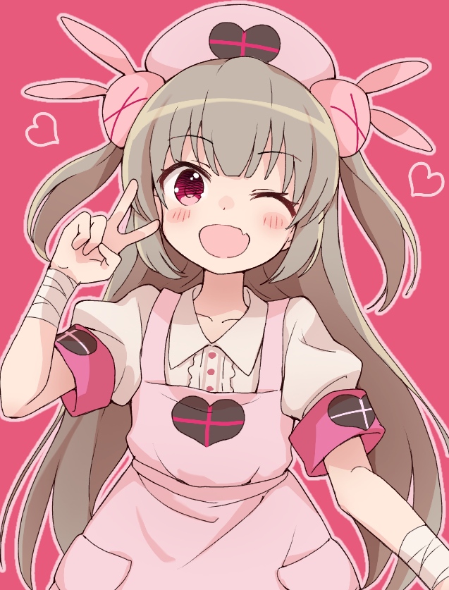 &gt;_&lt; 1girl ;d apron armband bandage bandaged_arm bandages bangs blush brown_hair bunny_hair_ornament collarbone collared_shirt commentary_request ddak5843 eyebrows_visible_through_hair fang hair_ornament hand_up hat heart long_hair looking_at_viewer natori_sana nurse_cap one_eye_closed open_mouth pink_apron pink_headwear puffy_short_sleeves puffy_sleeves red_background red_eyes sana_channel shirt short_sleeves simple_background smile solo two_side_up v very_long_hair virtual_youtuber white_shirt
