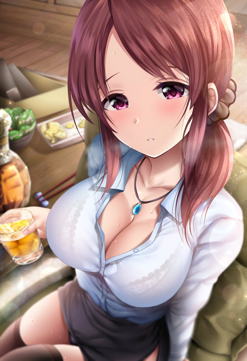 1girl arm_support bangs black_legwear black_skirt blush bra bra_through_clothes breasts brown_hair cleavage collarbone cup eyebrows_visible_through_hair garana hair_ornament hair_scrunchie highres holding holding_cup idolmaster idolmaster_cinderella_girls jewelry lace lace-trimmed_bra large_breasts long_hair long_sleeves looking_at_viewer mifune_miyu parted_lips ponytail scrunchie shirt sitting skindentation skirt solo sweat thigh-highs turquoise_(gemstone) underwear