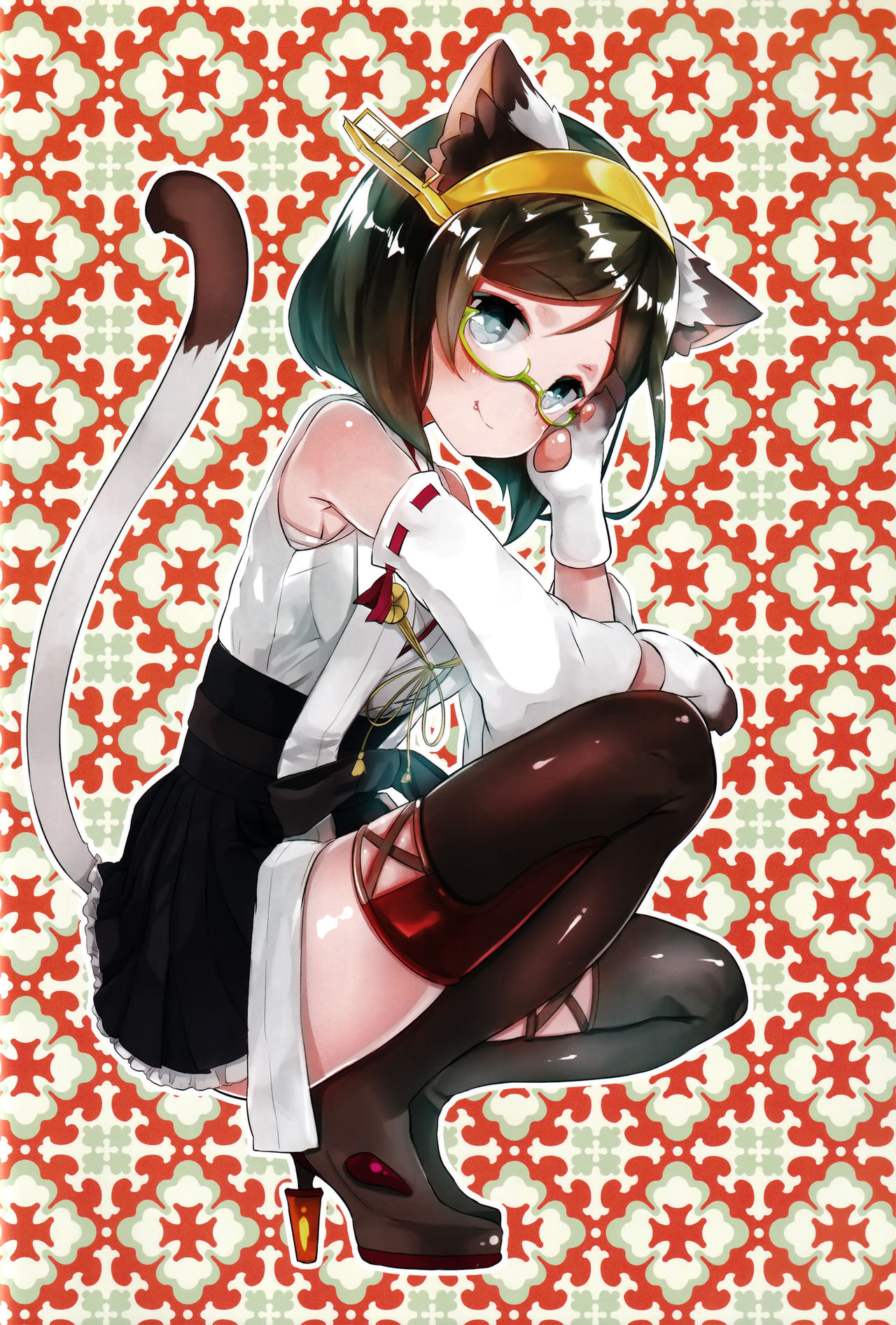 1girl adjusting_eyewear animal_ears artist_request black_hair blush boots breasts cat_ears cat_tail closed_mouth detached_sleeves fang fang_out full_body glasses gloves green-framed_eyewear hairband headgear high_heels highres japanese_clothes kantai_collection kemonomimi_mode kirishima_(kantai_collection) large_breasts looking_at_viewer nontraditional_miko patterned_background paw_gloves paws remodel_(kantai_collection) ribbon-trimmed_sleeves ribbon_trim semi-rimless_eyewear short_hair skirt smile solo squatting suzuho_hotaru tail thigh-highs thigh_boots under-rim_eyewear