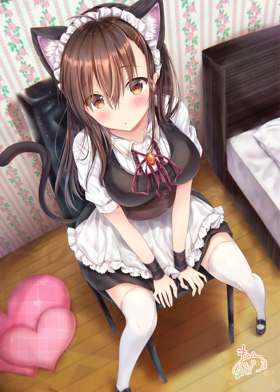 1girl :o animal_ear_fluff animal_ears apron bangs bed between_legs black_footwear black_skirt blush breasts brown_eyes brown_hair cat_ears cat_girl cat_tail chair collared_shirt commentary_request dress_shirt eyebrows_visible_through_hair foreshortening frilled_apron frills hair_between_eyes hand_between_legs heart heart_pillow highres indoors long_hair looking_at_viewer maid maid_headdress maruma_(maruma_gic) mary_janes medium_breasts neck_ribbon on_chair original parted_lips pillow red_ribbon ribbon shirt shoes signature sitting skirt solo tail tail_raised thigh-highs very_long_hair white_apron white_legwear white_shirt wooden_floor