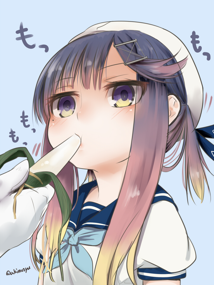 1girl admiral_(kantai_collection) akino_shuu beret blonde_hair blue_background blue_neckwear blue_sailor_collar blush brown_hair commentary_request eating feeding gloves gradient_hair hair_ornament hat holding kantai_collection kodomo_no_hi long_hair looking_away multicolored_hair neckerchief out_of_frame puffy_short_sleeves puffy_sleeves purple_hair sailor_collar sexually_suggestive shirt short_sleeves sidelocks simple_background solo_focus tsushima_(kantai_collection) upper_body violet_eyes white_gloves white_headwear white_shirt x_hair_ornament zongzi