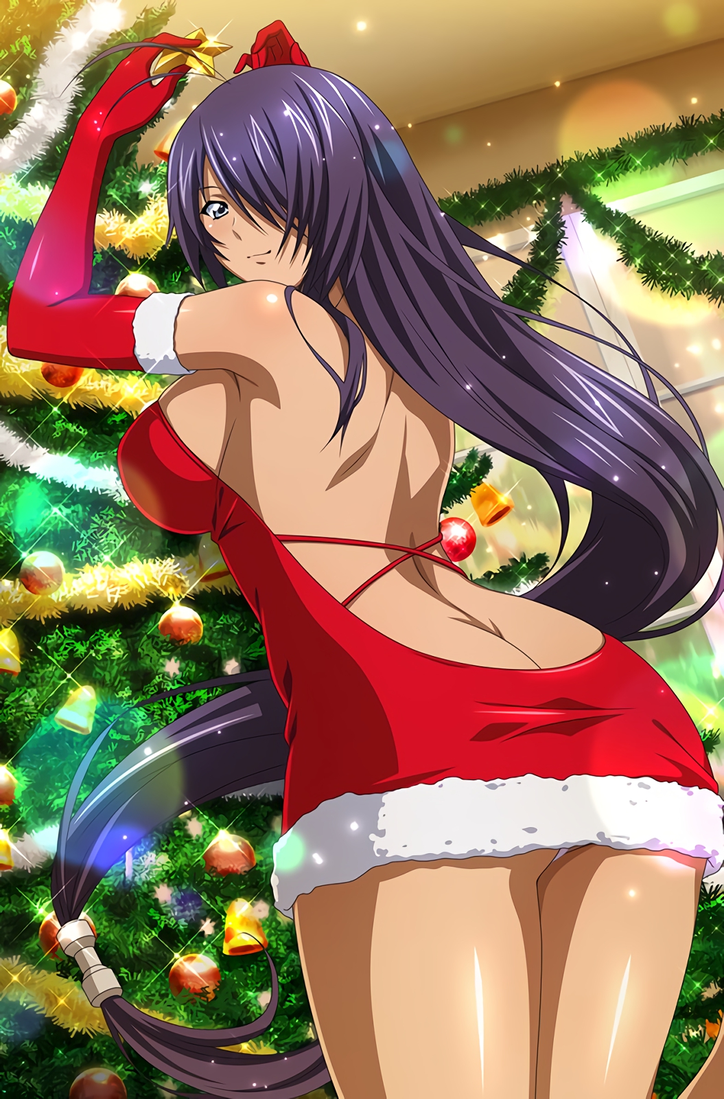1girl absurdly_long_hair arms_up ass backless_dress backless_outfit bangs breasts christmas christmas_tree dress elbow_gloves fur-trimmed_dress fur-trimmed_gloves fur_trim gloves grey_eyes hair_over_one_eye highres holding ikkitousen indoors kan'u_unchou large_breasts leaning_forward long_hair looking_at_viewer looking_back panties pantyshot pantyshot_(standing) purple_hair red_dress red_gloves santa_costume santa_gloves shiny shiny_hair short_dress shoulder_blades sideboob sleeveless sleeveless_dress smile solo standing strapless strapless_dress swept_bangs underwear very_long_hair white_panties