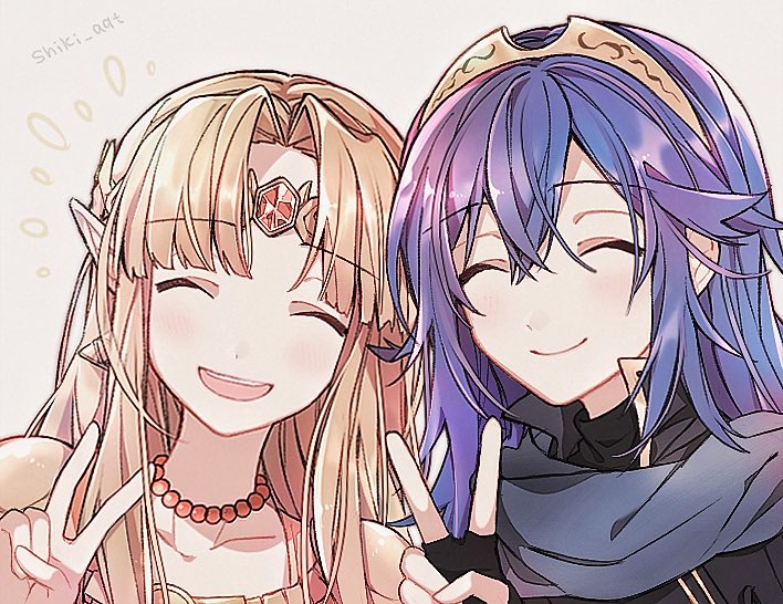 2girls armor artist_request blonde_hair blue_hair blush cape cute dress fingerless_gloves fire_emblem fire_emblem:_kakusei gloves hair_between_eyes intelligent_systems long_hair looking_at_viewer lucina moe multiple_girls nintendo nintendo_ead open_mouth pointy_ears princess_zelda simple_background smile super_smash_bros. super_smash_bros._ultimate the_legend_of_zelda the_legend_of_zelda:_a_link_between_worlds tiara v