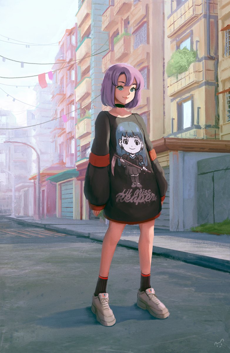 1girl aqua_eyes bangs black_legwear black_shirt building english_text full_body highres lamppost long_sleeves mynare original outdoors print_shirt purple_hair road scythe shadow shirt shoes short_hair sidewalk sleeves_past_wrists smile socks solo standing white_footwear