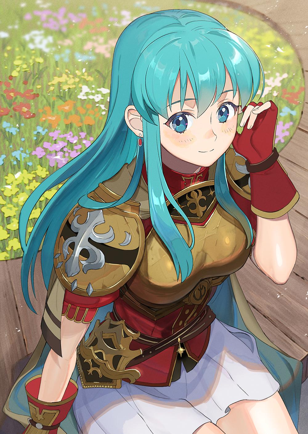 1girl aqua_hair armor blue_eyes blue_hair blush breastplate cape eirika fire_emblem fire_emblem:_seima_no_kouseki gloves hair_between_eyes highres intelligent_systems kyufe long_hair looking_at_viewer nintendo simple_background smile solo