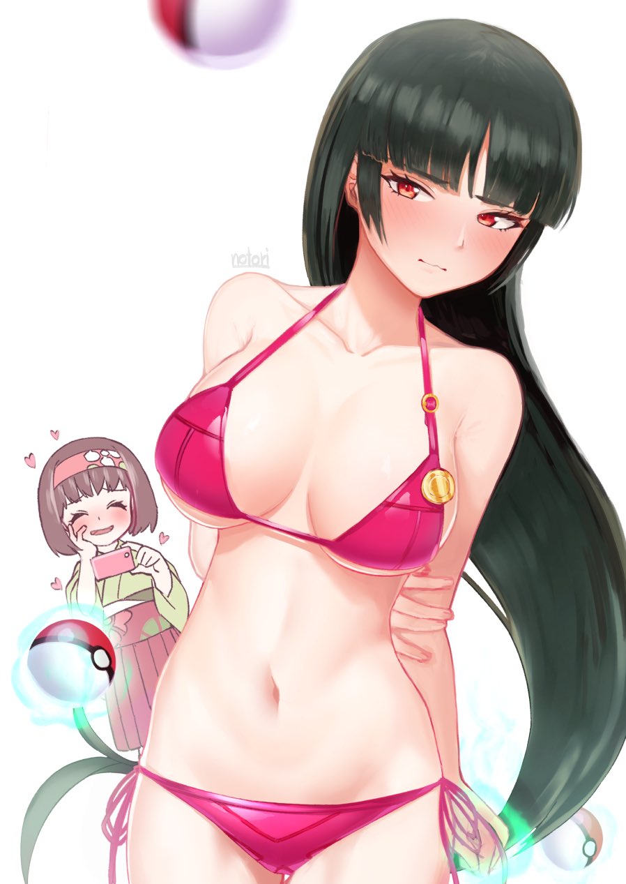 2girls badge bikini black_hair blush breasts cellphone creatures_(company) erika_(pokemon) game_freak gym_leader_badge hairband heart highres japanese_clothes kimono large_breasts marsh_badge multiple_girls natsume_(pokemon) navel nintendo notori_d phone poke_ball pokemon red_eyes side-tie_bikini signature smartphone swimsuit taking_picture telekinesis white_background