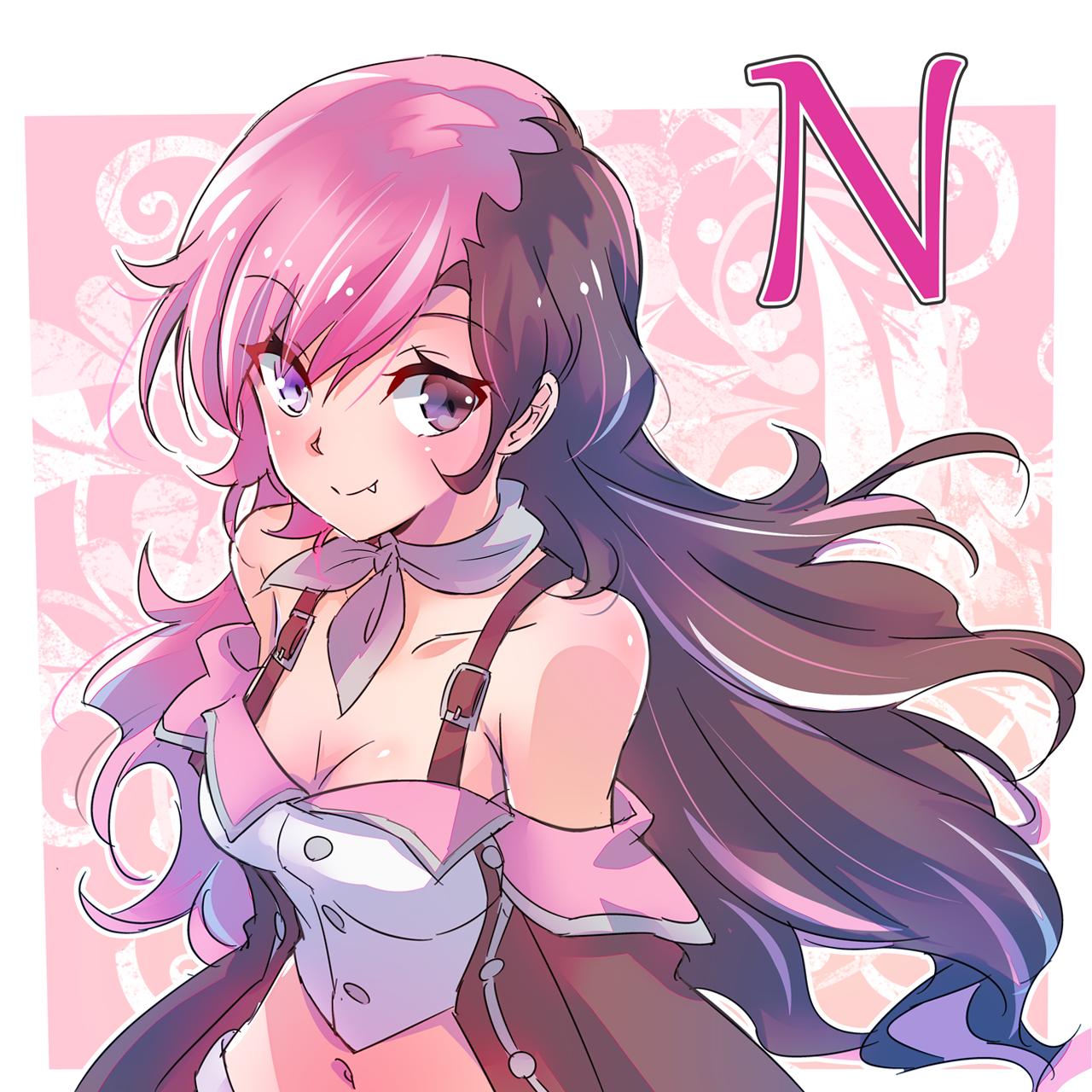 1girl bare_shoulders belt_buckle breasts brown_eyes brown_hair buckle cleavage fang heterochromia highres iesupa long_hair looking_at_viewer medium_breasts midriff multicolored_hair navel neckerchief neo_(rwby) pink_eyes pink_hair rwby solo strap wavy_hair