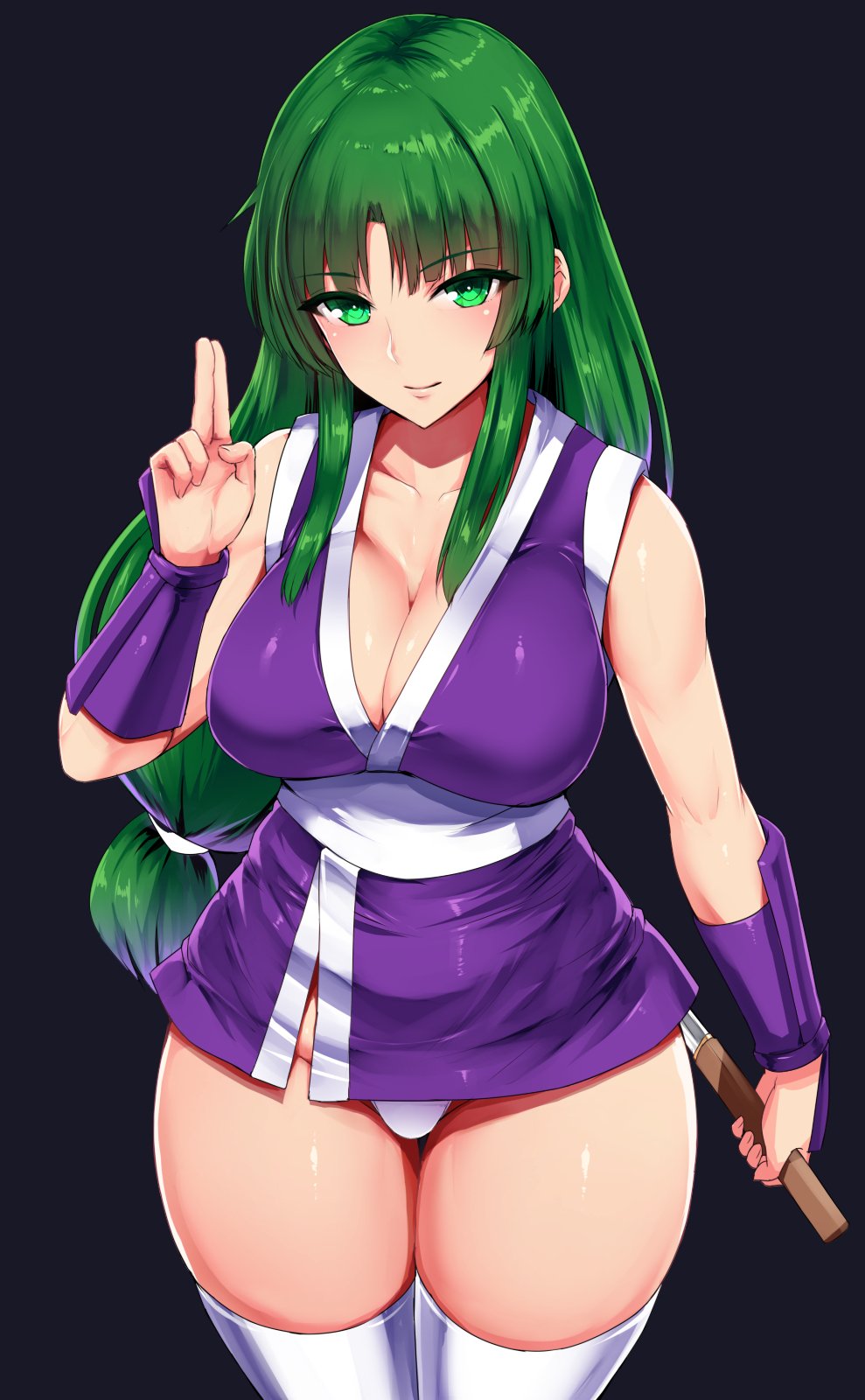 1girl bare_shoulders breasts cleavage curvy ganbare_goemon green_eyes green_hair highres ishimiso_(ishimura) japanese_clothes large_breasts long_hair looking_at_viewer low-tied_long_hair microskirt ninja panties pantyshot skirt smile solo thick_thighs thigh-highs thighs underwear very_long_hair weapon wide_hips yae_(ganbare_goemon)