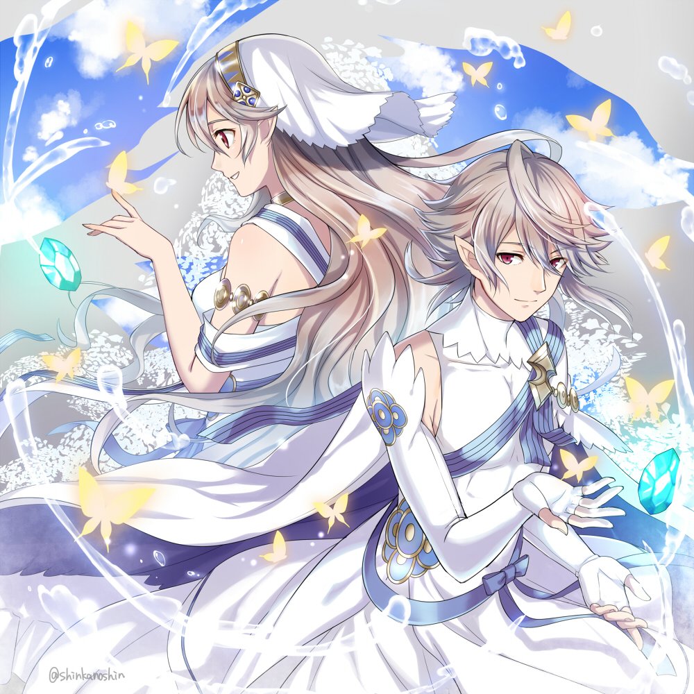 1boy 1girl blue_sky bug butterfly closed_mouth clouds dress elbow_gloves female_my_unit_(fire_emblem_if) fingerless_gloves fire_emblem fire_emblem_heroes fire_emblem_if from_side gloves insect long_hair male_my_unit_(fire_emblem_if) my_unit_(fire_emblem_if) nintendo parted_lips pointy_ears red_eyes shinkanoshin short_hair sky stone twitter_username white_dress white_gloves white_hair