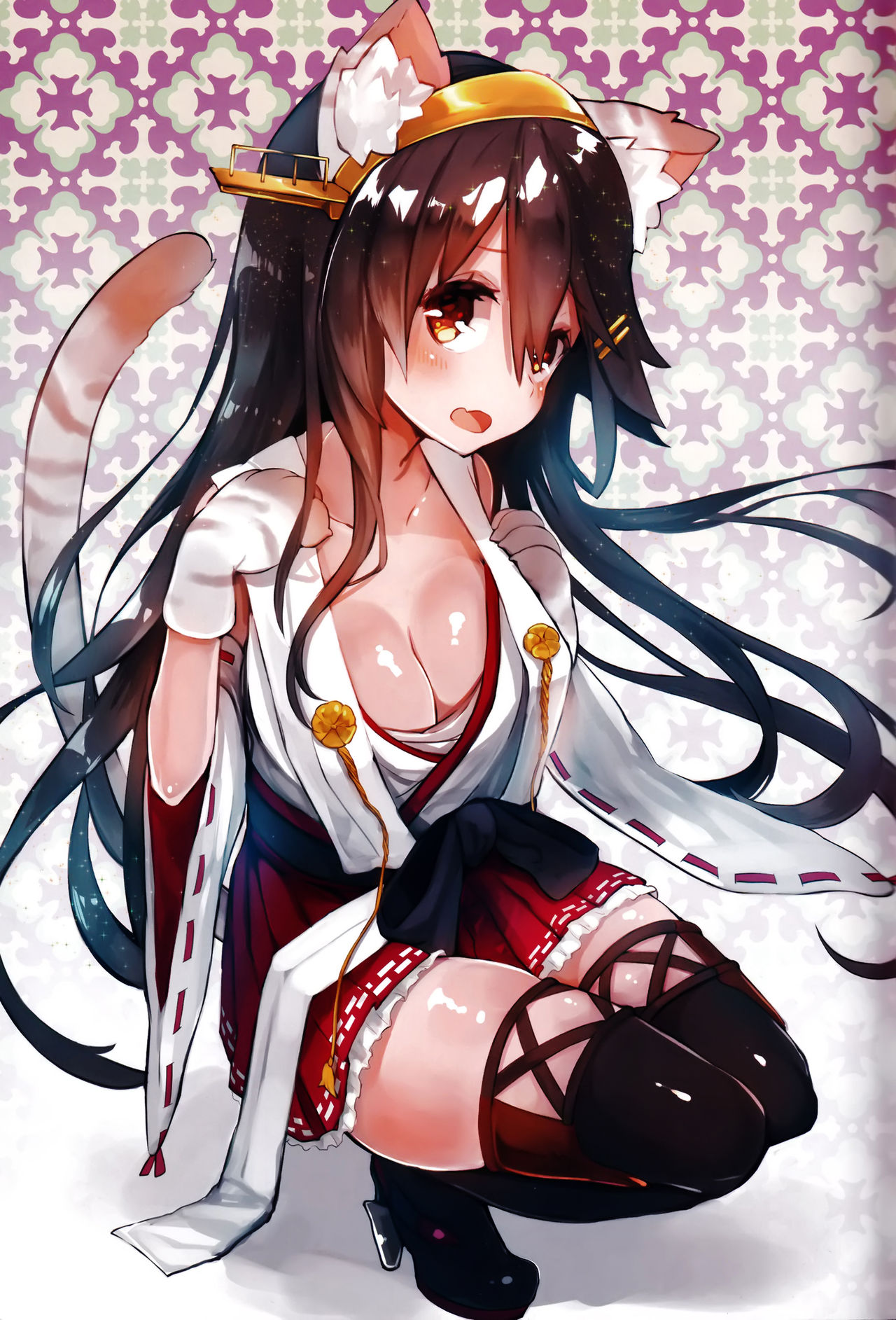 1girl animal_ears artist_request bare_shoulders black_hair blush boots breasts brown_eyes cat_ears cat_tail detached_sleeves gloves gradient gradient_background hair_ornament hairband hairclip haruna_(kantai_collection) headgear high_heels highres japanese_clothes kantai_collection kemonomimi_mode large_breasts long_hair nontraditional_miko open_mouth patterned_background paw_gloves paws remodel_(kantai_collection) ribbon-trimmed_sleeves ribbon_trim shadow skirt smile squatting suzuho_hotaru tail thigh-highs thigh_boots wide_sleeves
