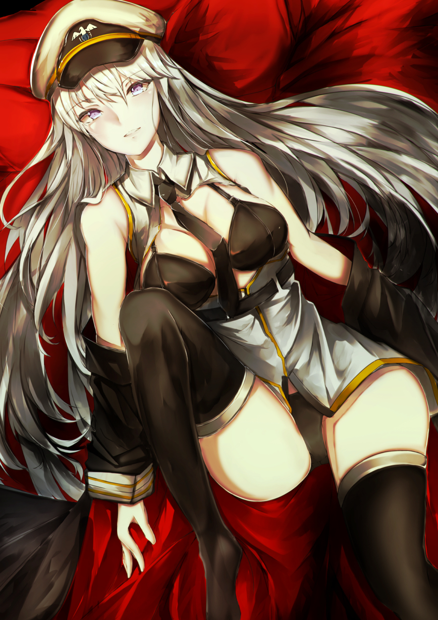 1girl azur_lane bangs bare_shoulders belt black_belt black_bra black_coat black_legwear black_neckwear black_panties blush bra breasts coat collared_shirt enterprise_(azur_lane) eyebrows_visible_through_hair hat highres large_breasts long_hair looking_at_viewer military military_hat necktie on_bed open_clothes open_coat otsunabe_(naabe_delta) panties peaked_cap shirt silver_hair skirt sleeveless sleeveless_shirt solo thigh-highs underbust underwear very_long_hair violet_eyes white_headwear