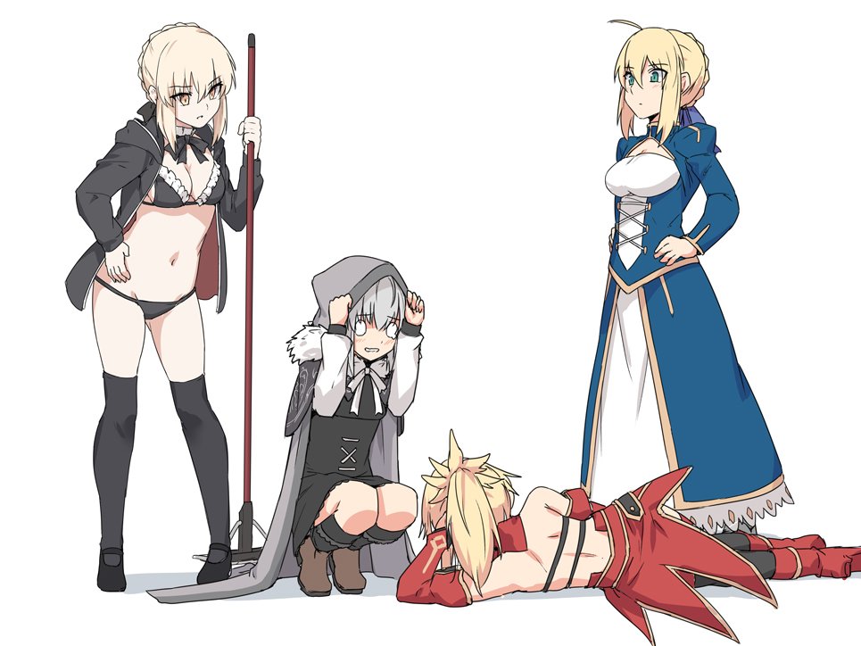 4girls ahoge arm_support artoria_pendragon_(all) artoria_pendragon_(swimsuit_rider_alter) bikini black_bikini blonde_hair braid breasts cleavage fate/grand_order fate_(series) french_braid gray_(lord_el-melloi_ii) groin hand_on_hip hood jacket lord_el-melloi_ii_case_files lying maid_bikini medium_breasts mop mordred_(fate)_(all) multiple_girls on_side reasts saber shiseki_hirame squatting swimsuit white_background