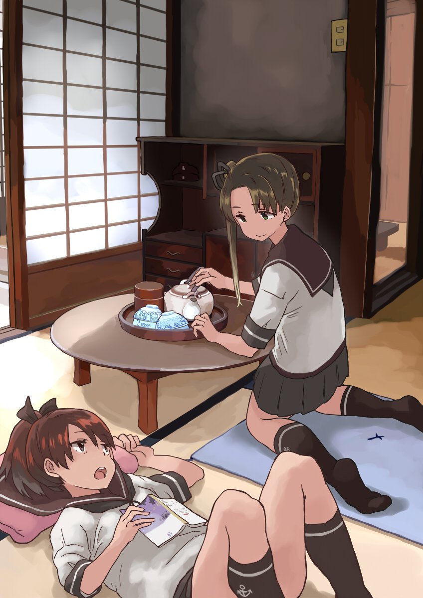 2girls ayanami_(kantai_collection) black_legwear black_skirt brown_hair closed_mouth eyebrows_visible_through_hair highres indoors kantai_collection kettle kneehighs kneeling long_hair looking_at_another lying matsutani multiple_girls on_back open_mouth pleated_skirt ponytail school_uniform serafuku shikinami_(kantai_collection) short_sleeves side_ponytail skirt table