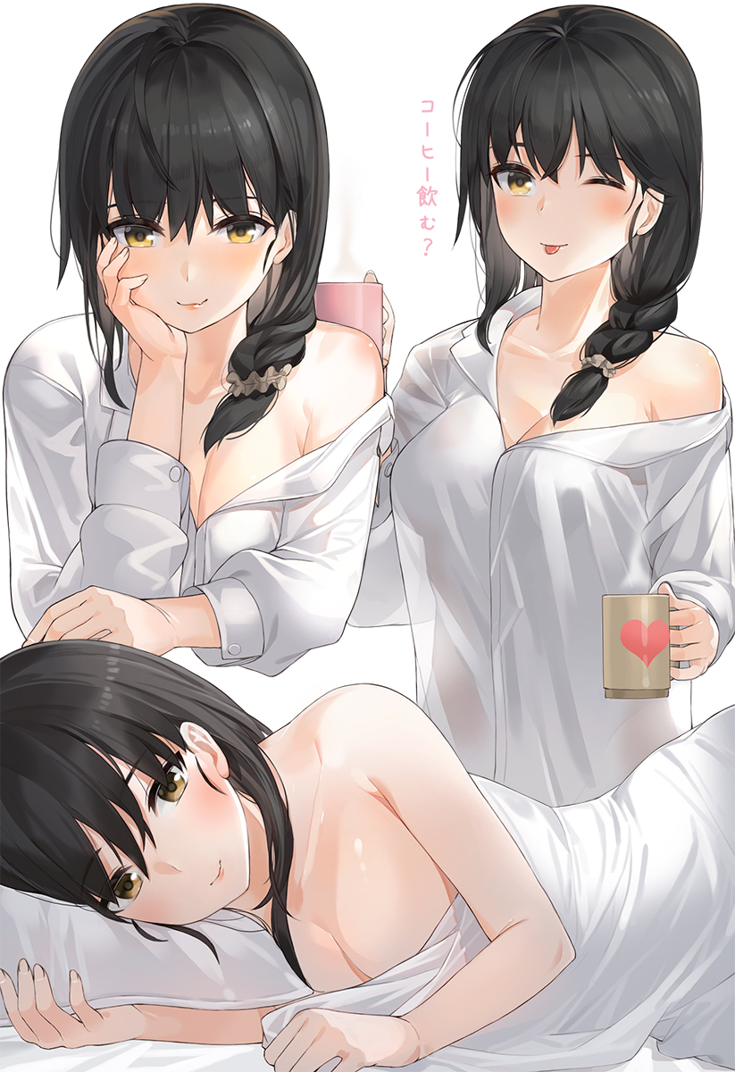 1girl bangs black_hair blush breasts closed_mouth collarbone commentary_request cup eyebrows_visible_through_hair hand_on_own_cheek highres holding holding_cup kfr long_hair looking_at_viewer lying medium_breasts multiple_views on_back one_eye_closed original shirt smile tongue tongue_out translated white_background white_shirt yellow_eyes