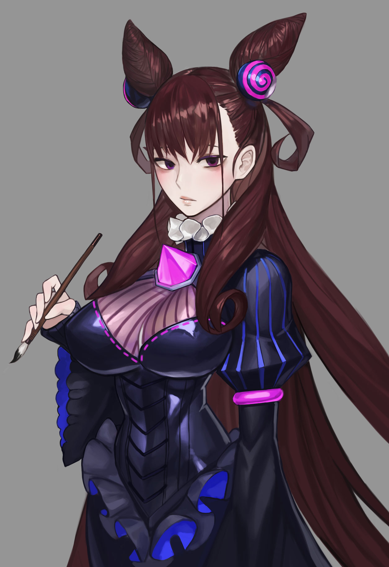 1girl arm_at_side bangs black_dress breasts brown_hair closed_mouth cowboy_shot curly_hair double_bun dress expressionless fate/grand_order fate_(series) frills gem grey_background hair_between_eyes hair_ornament highres holding holding_paintbrush large_breasts long_hair long_sleeves looking_at_viewer murasaki_shikibu_(fate) paintbrush puffy_sleeves shiny shiny_hair simple_background solo standing striped tamidro two_side_up vertical-striped_dress vertical_stripes very_long_hair violet_eyes wide_sleeves
