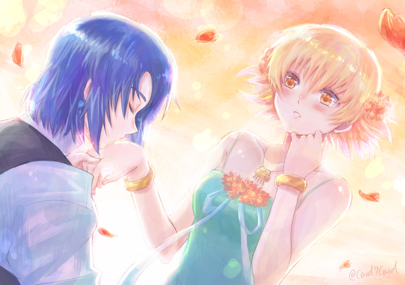 1boy 1girl blonde_hair blue_hair blush bracelet brown_eyes cagalli_yula_athha closed_eyes couple dress dutch_angle flower green_dress gundam gundam_seed hair_flower hair_ornament hand_kiss jewelry kiss looking_at_another neck_ribbon parted_lips petals red_flower ribbon shiny shiny_hair short_hair sleeveless sleeveless_dress twitter_username upper_body white_ribbon yuuka_seisen