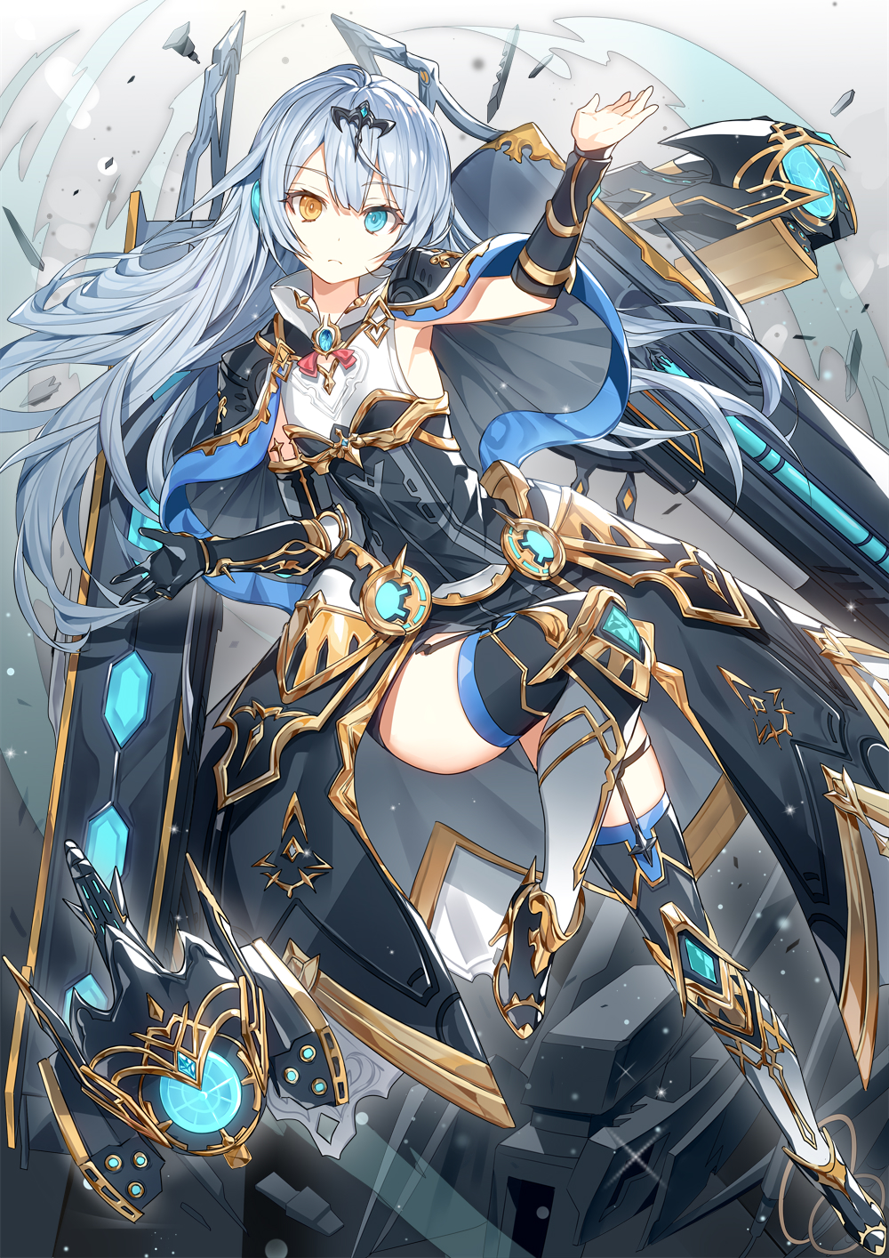 1girl android arm_up armored_boots armpits black_gloves blue_eyes blue_hair boots brown_eyes closed_mouth debris drone expressionless faulds flat_chest floating_weapon full_body gauntlets gloves gun heterochromia highres kara_(king's_raid) king's_raid knee_up long_hair looking_at_viewer machinery ronopu single_glove solo thigh-highs thigh_boots thighs very_long_hair weapon