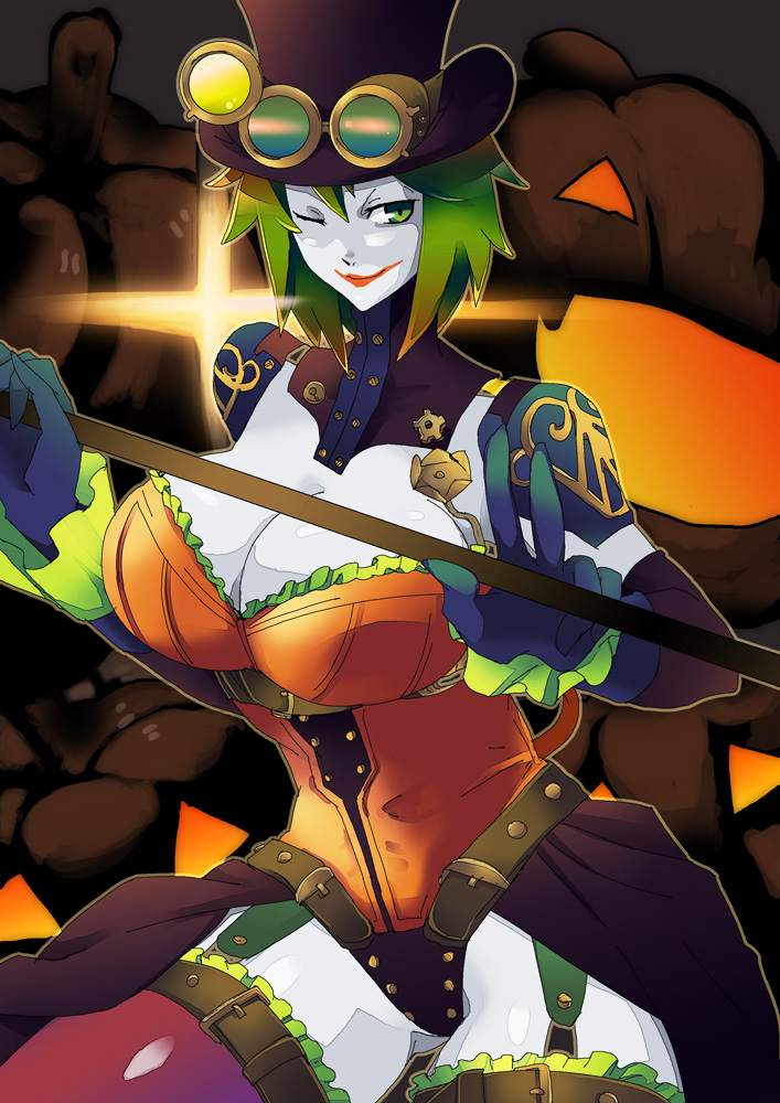 1girl batman_(series) bodysuit breasts cleavage dc_comics dokumamushi_wandayuu duela_dent gears gloves goggles goggles_on_headwear green_eyes green_hair joker's_daughter large_breasts lipstick makeup one_eye_closed pale_skin pumpkin solo thigh-highs western_comics