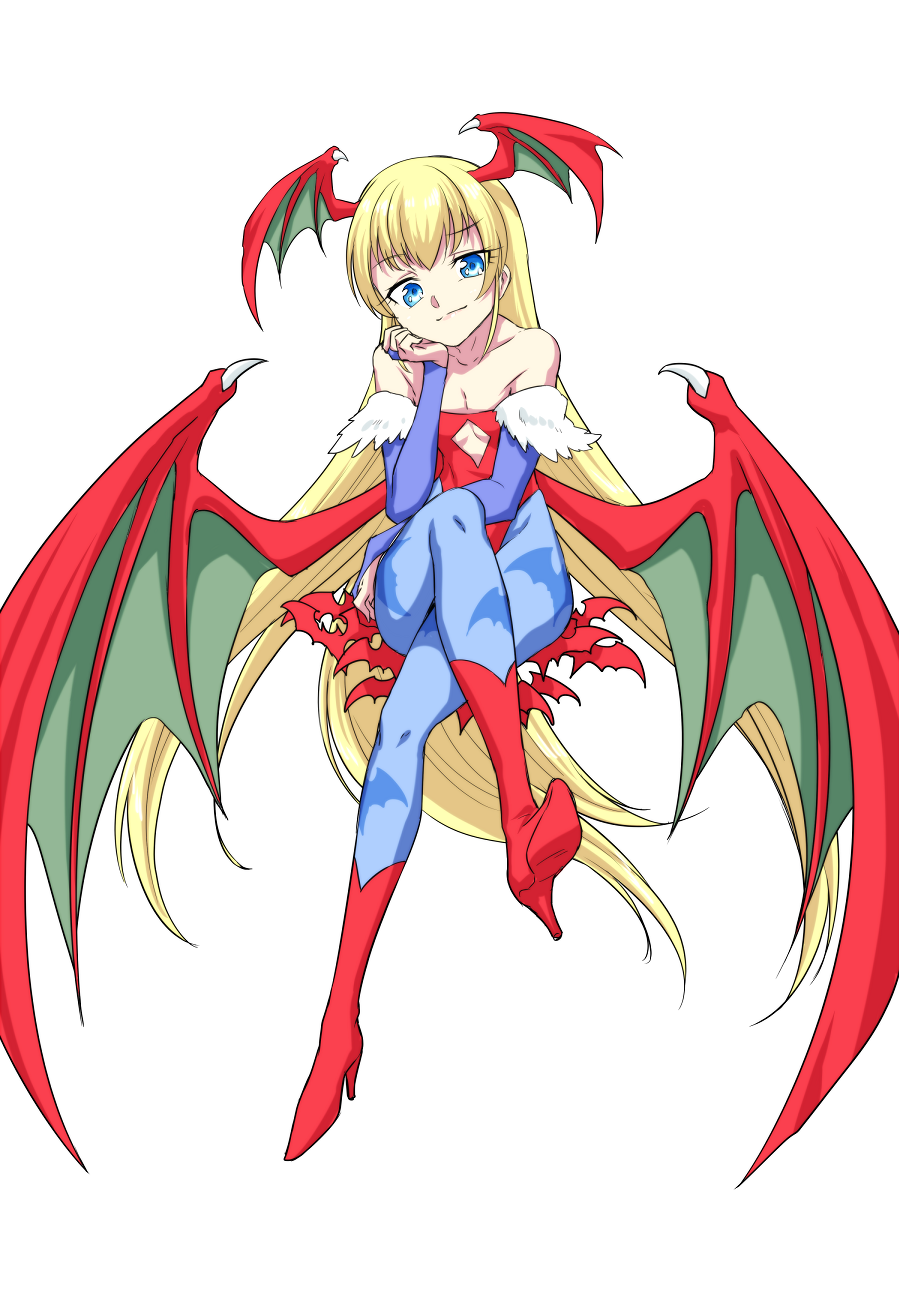 1girl animal_print bare_shoulders bat bat_print bat_wings blonde_hair blue_eyes bridal_gauntlets cosplay dokidoki!_precure flat_chest floating full_body fur_trim hand_on_hip hand_on_own_cheek head_wings high_heels highres leotard lilith_aensland lilith_aensland_(cosplay) long_hair looking_at_viewer matatabi_(karukan222) pantyhose precure print_legwear red_leotard regina_(dokidoki!_precure) simple_background sitting smile solo underboob_cutout vampire_(game) very_long_hair white_background wings