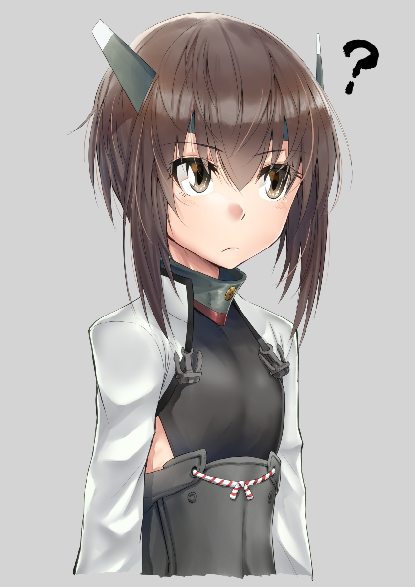 1girl ? brown_eyes brown_hair commentary_request corset cropped_torso expressionless flat_chest grey_background headband headgear highres kantai_collection looking_to_the_side muneate short_hair simple_background solo taihou_(kantai_collection) upper_body v_r_dragon01