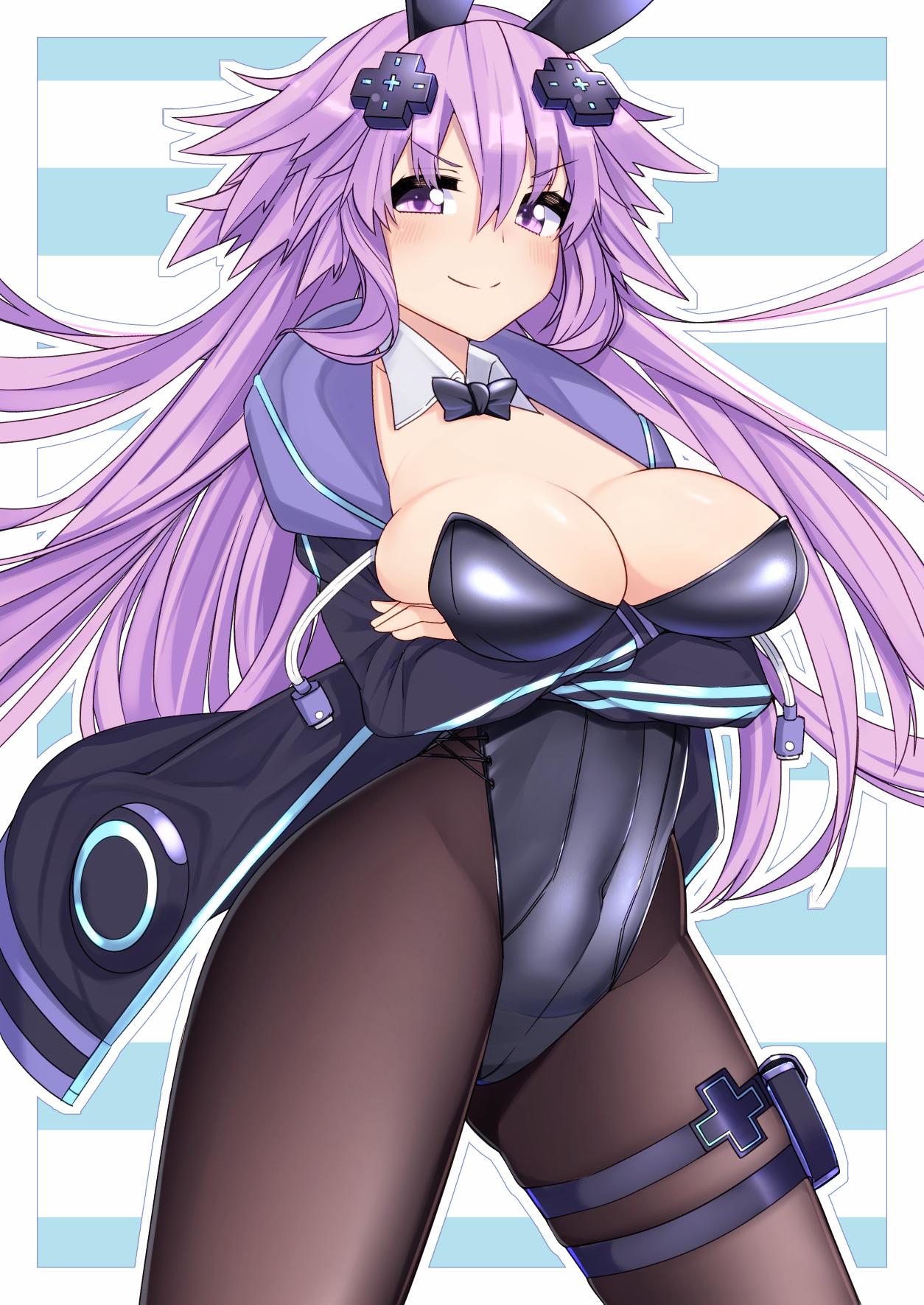 1girl adult_neptune animal_ears arms_under_breasts black_legwear breasts bunnysuit covered_navel d-pad d-pad_hair_ornament dura eyebrows_visible_through_hair hair_between_eyes hair_ornament highres holster large_breasts long_hair long_sleeves looking_at_viewer neptune_(series) pantyhose purple_hair rabbit_ears shin_jigen_game_neptune_vii smile solo thigh_holster violet_eyes