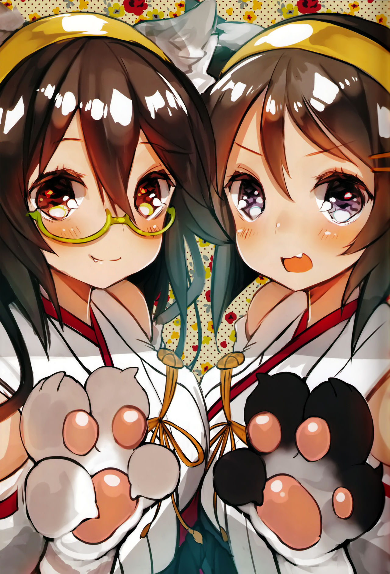 2girls animal_ears black_hair blush breasts brown_eyes cat_ears closed_mouth detached_sleeves fang fang_out floral_background floral_print glasses gloves green-framed_eyewear hair_ornament hairband hairclip haruna_(kantai_collection) headgear highres japanese_clothes kantai_collection kemonomimi_mode kirishima_(kantai_collection) large_breasts long_hair looking_at_viewer multiple_girls nontraditional_miko open_mouth paw_gloves paws ribbon-trimmed_sleeves ribbon_trim semi-rimless_eyewear short_hair smile suzuho_hotaru under-rim_eyewear violet_eyes wide_sleeves