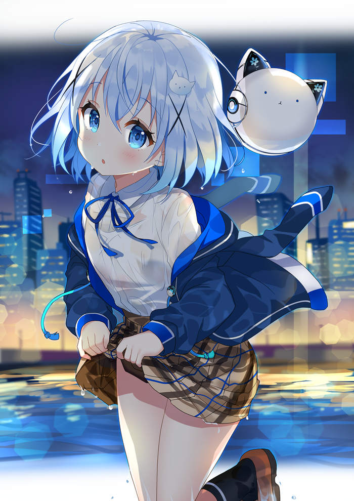 1girl :o bangs blazer blue_eyes blue_hair blue_neckwear blue_ribbon blush eyebrows_visible_through_hair gochuumon_wa_usagi_desu_ka? hair_between_eyes hair_ornament hairclip jacket kafuu_chino kurot light_blue_hair long_sleeves looking_at_viewer open_mouth outdoors pleated_skirt ribbon school_uniform see-through shirt skirt skirt_lift solo tippy_(gochiusa) wet wet_clothes wet_hair wet_shirt white_shirt x_hair_ornament