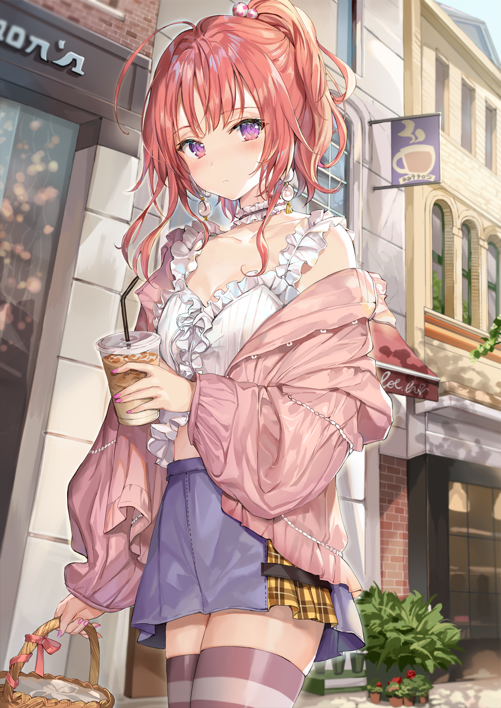 1girl ahoge architecture bangs bare_shoulders basket blurry blush breasts building choker cleavage closed_mouth collarbone cowboy_shot crop_top cup day depth_of_field disposable_cup drinking_straw earrings frilled_choker frills hair_bobbles hair_ornament heart highres holding holding_basket holding_cup iced_coffee jacket jewelry long_hair long_sleeves looking_at_viewer midriff miniskirt momoko_(momopoco) nail_polish off_shoulder open_clothes open_jacket original outdoors pink_jacket pink_ribbon plant ponytail potted_plant purple_legwear purple_nails purple_skirt redhead ribbon shirt sidelocks sign skirt sleeveless sleeveless_shirt small_breasts solo standing striped striped_legwear thigh-highs violet_eyes white_shirt window zettai_ryouiki