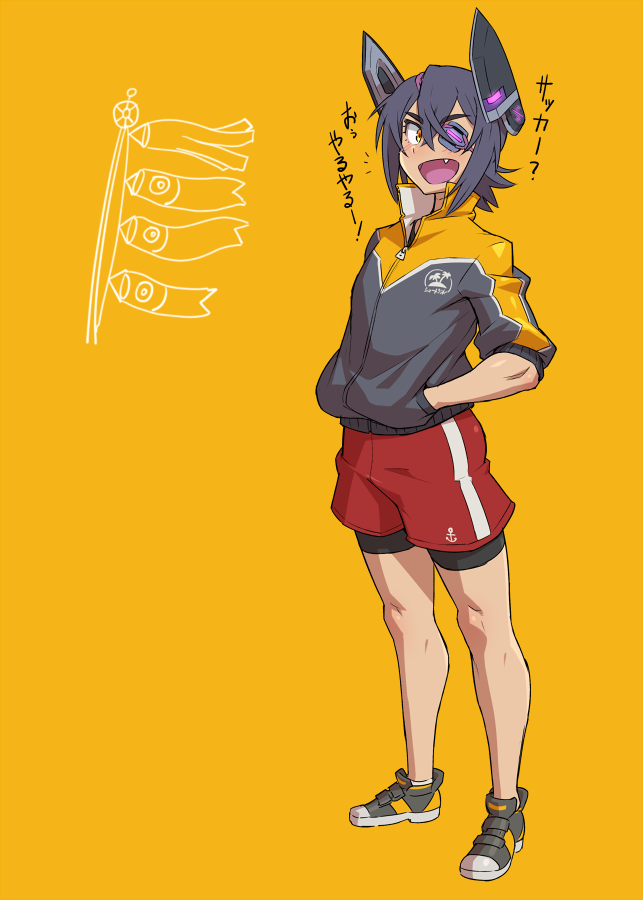 anchor anchor_symbol bangs bike_shorts bike_shorts_under_shorts blush children's_day eyebrows_visible_through_hair eyepatch fang full_body hair_between_eyes hands_in_pockets headgear kantai_collection looking_at_viewer mikoyan open_mouth popped_collar purple_hair short_hair shorts simple_background solo standing tenryuu_(kantai_collection) thick_eyebrows translation_request yellow_eyes zipper