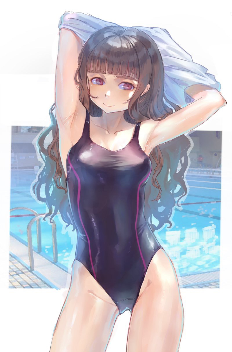 1girl arms_up bangs blunt_bangs breasts brown_hair competition_swimsuit contrapposto cowboy_shot gluteal_fold highres idolmaster idolmaster_cinderella_girls kamiya_nao long_hair looking_at_viewer medium_breasts one-piece_swimsuit pool pool_ladder roki_(0214278) shirt solo standing swimsuit undressing violet_eyes wavy_hair white_shirt