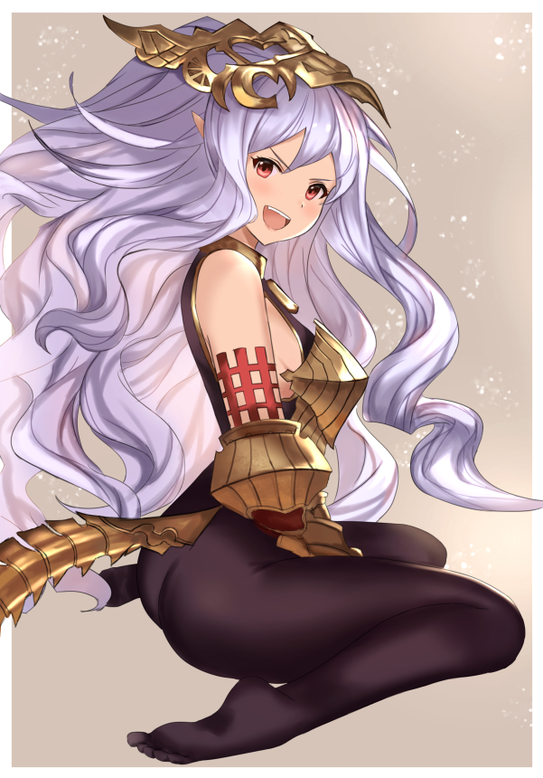 1girl :d aqua_(popogori) ass bare_shoulders between_legs black_bodysuit bodysuit breastplate commentary_request from_side full_body gauntlets granblue_fantasy grey_background hair_ornament hand_between_legs long_hair looking_at_viewer looking_to_the_side medusa_(shingeki_no_bahamut) open_mouth pointy_ears red_eyes silver_hair sitting smile solo tail v-shaped_eyebrows very_long_hair wariza wavy_hair