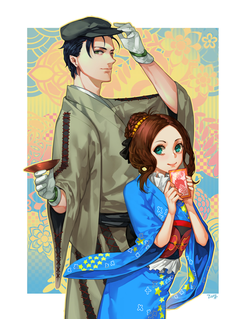 1boy 1girl alternate_costume beige_kimono black_hair blue_eyes blue_kimono braid brown_hair character_request commentary cowboy_shot fate/grand_order fate_(series) floral_print from_side gloves hair_ornament hair_ribbon hat holding japanese_clothes kimono long_sleeves looking_at_viewer plate ribbon scrunchie sherlock_holmes_(fate/grand_order) smile tooaya white_gloves wide_sleeves