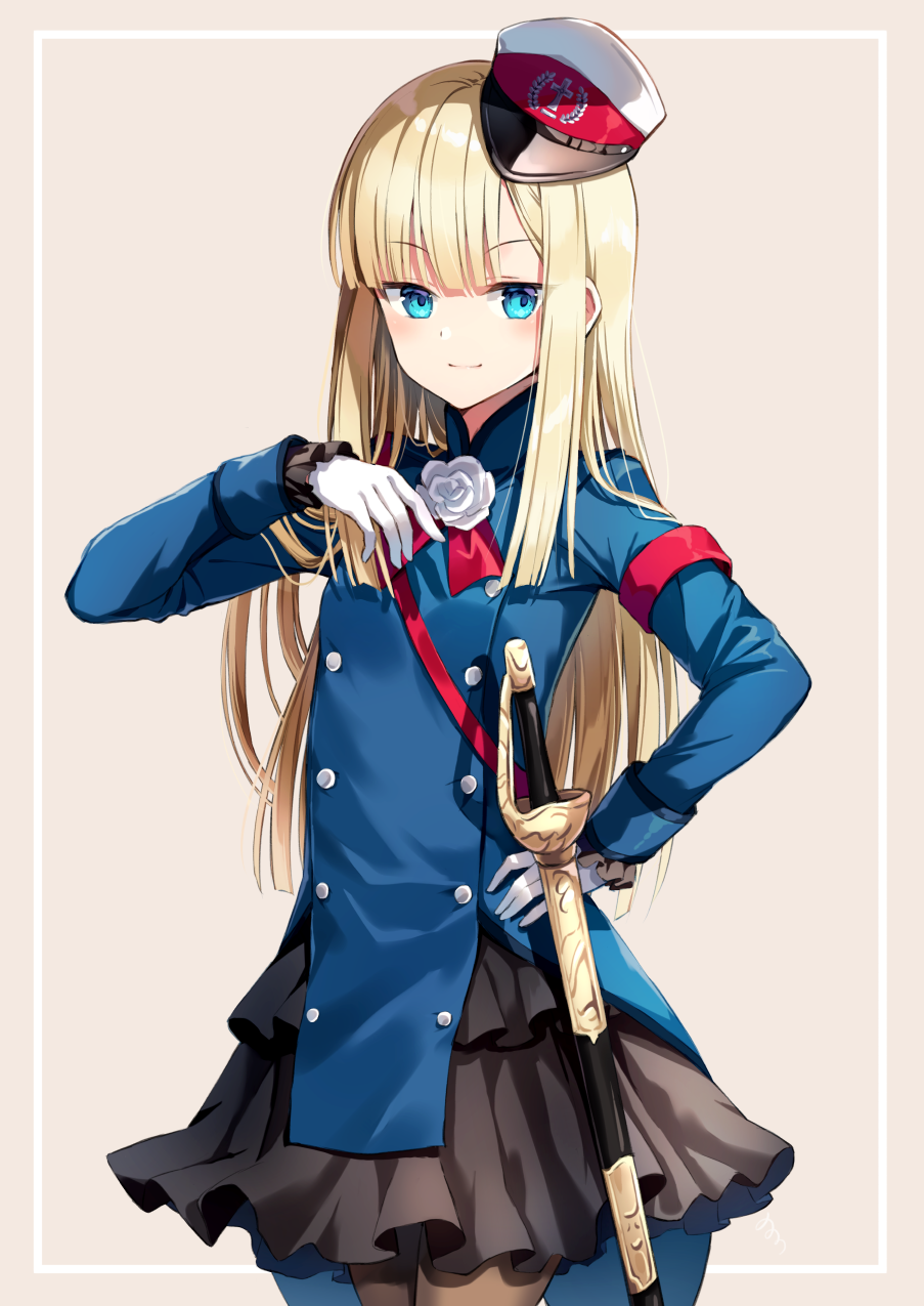 1girl armband blonde_hair blue_dress blue_eyes brown_legwear buttons commentary_request cowboy_shot double-breasted dress fate_(series) flower gloves hand_on_hip hand_up hat highres long_hair long_sleeves looking_at_viewer lord_el-melloi_ii_case_files nonono pantyhose peaked_cap reines_el-melloi_archisorte rose sheath sheathed sidelocks smile solo standing sword tilted_headwear weapon white_flower white_gloves