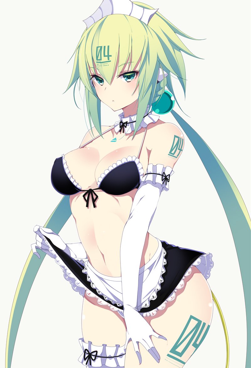 1girl apron arm_garter bangs bare_shoulders beads bikini black_bikini black_skirt bombergirl breasts cleavage collarbone commentary_request cowboy_shot elbow_gloves emera_(bombergirl) eyebrows_visible_through_hair frilled_bikini frills front-tie_bikini front-tie_top gloves green_background green_eyes green_hair groin hair_beads hair_between_eyes hair_ornament hat headgear humanization lace lace-trimmed_skirt leg_garter long_hair looking_at_viewer low_twintails maid_apron maid_bikini medium_breasts miniskirt mutou_kurihito navel neck_garter number nurse_cap panties parted_lips shiny shiny_skin shoulder_tattoo sidelocks simple_background single_thighhigh skirt skirt_pull solo standing stomach string_bikini swimsuit tattoo thigh-highs thigh_tattoo tsurime twintails underwear very_long_hair white_apron white_gloves white_legwear white_panties