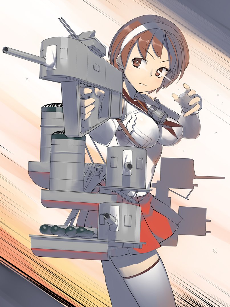 1girl blush breasts brown_eyes brown_hair closed_mouth detached_sleeves eyebrows_visible_through_hair gahaku hairband headband holding holding_weapon kantai_collection large_breasts natori_(kantai_collection) neckerchief pleated_skirt red_skirt rigging sailor_collar school_uniform serafuku short_hair skirt solo speed_lines thigh-highs weapon white_hairband