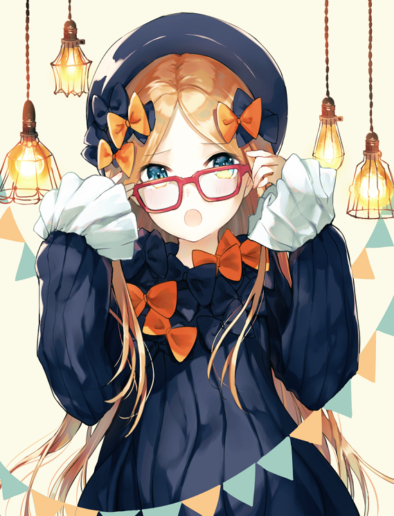 1girl abigail_williams_(fate/grand_order) bangs black_bow black_dress black_headwear blonde_hair blue_eyes blush bow dress fate/grand_order fate_(series) forehead glasses hair_bow happiness_lilys lamp long_hair looking_at_viewer open_mouth orange_bow parted_bangs red-framed_eyewear ribbed_dress solo very_long_hair white_background