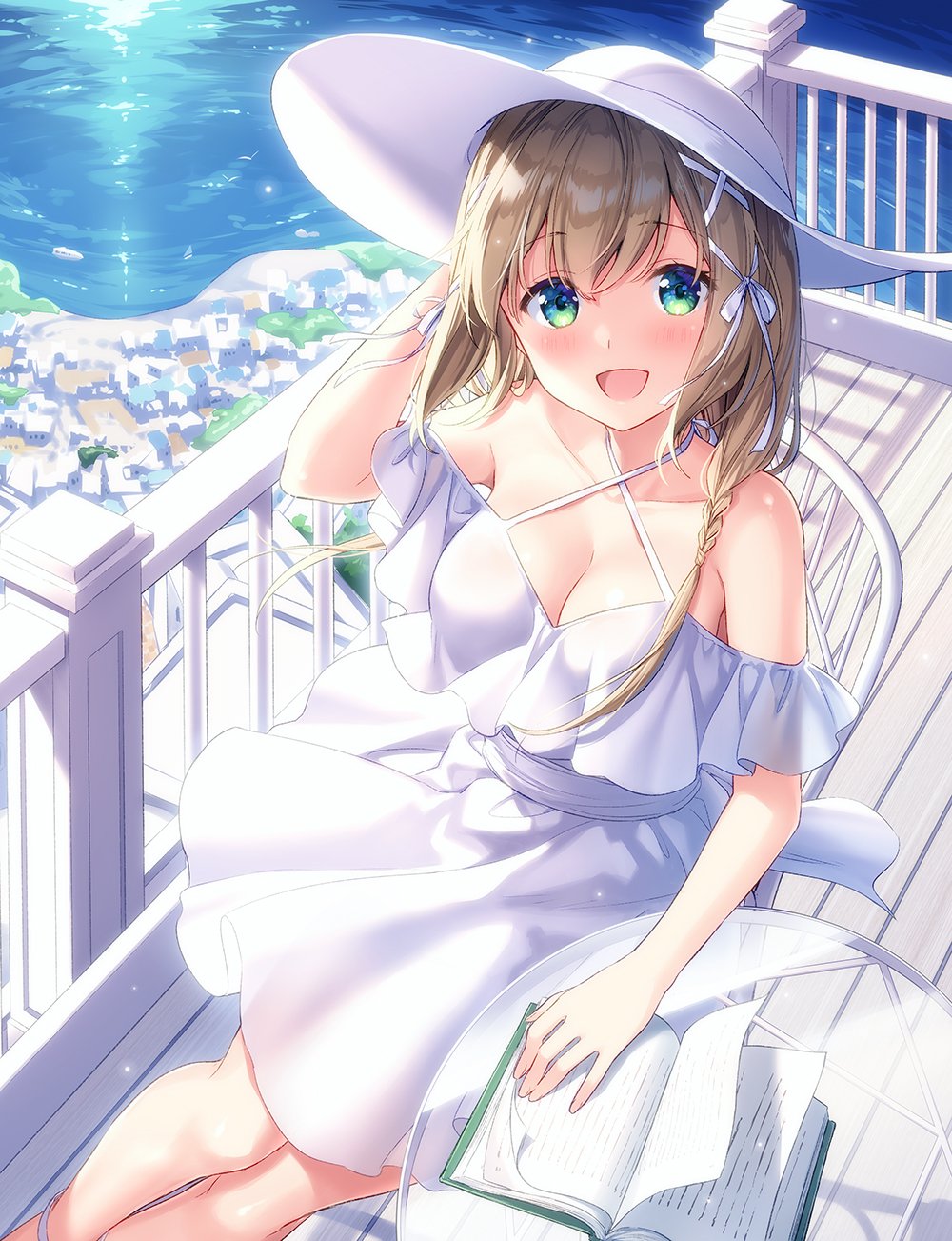 1girl bangs bare_shoulders blue_eyes blush book braid breasts brown_hair chair cleavage collarbone crossed_bangs dress eyebrows_visible_through_hair glass_table green_eyes hair_ribbon hand_on_head hand_on_own_head hand_up hat highres looking_at_viewer masuishi_kinoto medium_hair multicolored multicolored_eyes open_mouth original ribbon side_braid sitting smile solo sun_hat table white_dress
