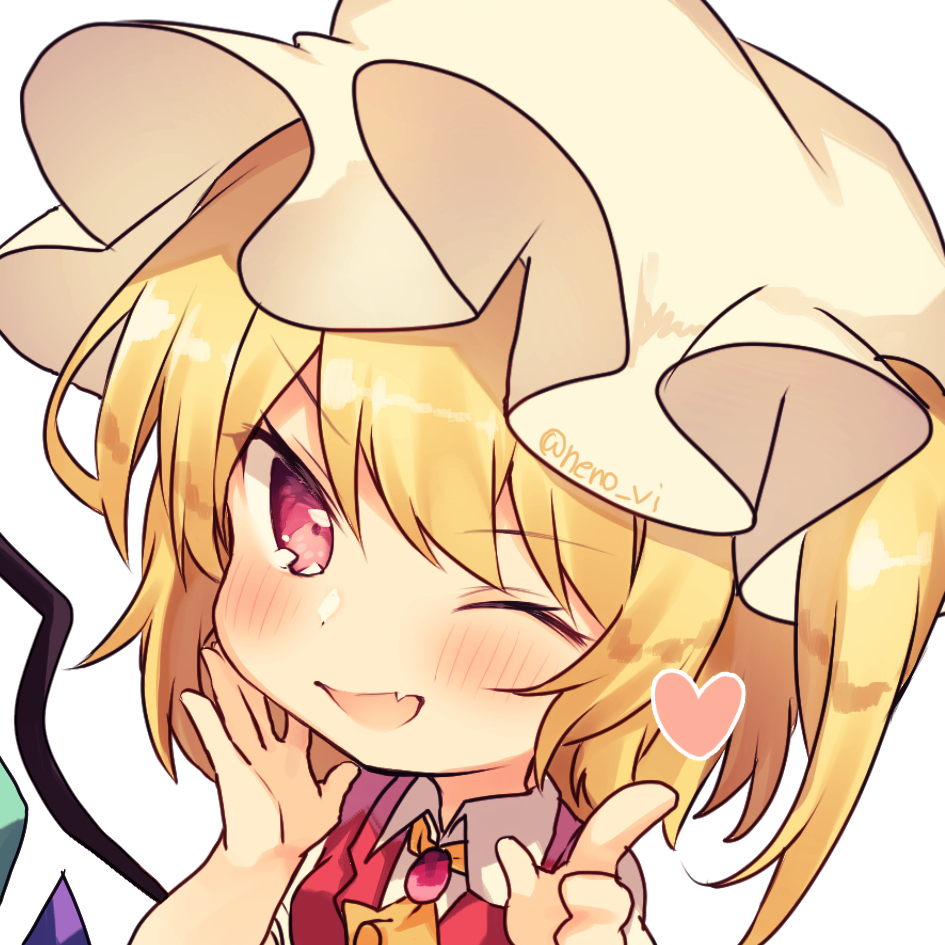 1girl ;d artist_name ascot bangs blonde_hair blush brooch chibi commentary_request crystal eyebrows_visible_through_hair fang flandre_scarlet hands_up hat heart index_finger_raised jewelry long_hair looking_at_viewer mob_cap nenobi_(nenorium) one_eye_closed one_side_up open_mouth puffy_short_sleeves puffy_sleeves red_eyes red_vest shirt short_sleeves simple_background skin_fang smile solo touhou twitter_username upper_body vest white_background white_headwear white_shirt wings yellow_neckwear