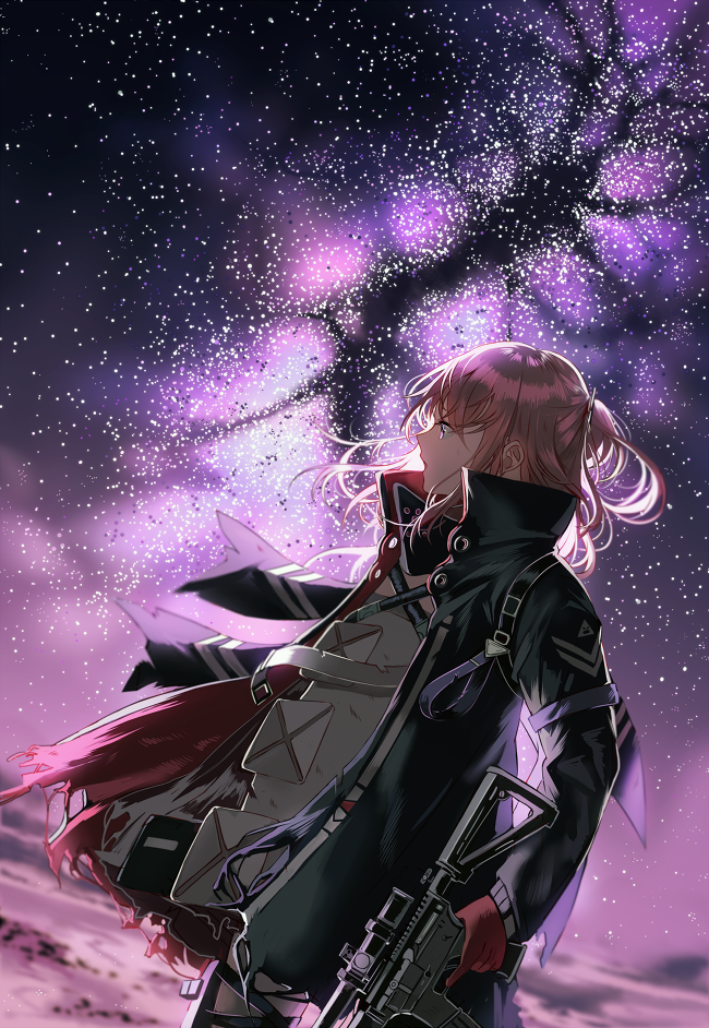 1girl ar-15 armor bangs closed_mouth commentary cowboy_shot dress dutch_angle gas_mask girls_frontline gloves gun hair_between_eyes hair_ornament holding holding_gun holding_weapon jacket mod3_(girls_frontline) multicolored_hair night open_clothes open_jacket open_mouth outdoors pink_hair ponytail rifle sidelocks silence_girl sky solo st_ar-15_(girls_frontline) star_(sky) starry_sky streaked_hair thigh_strap torn_jacket trigger_discipline violet_eyes weapon