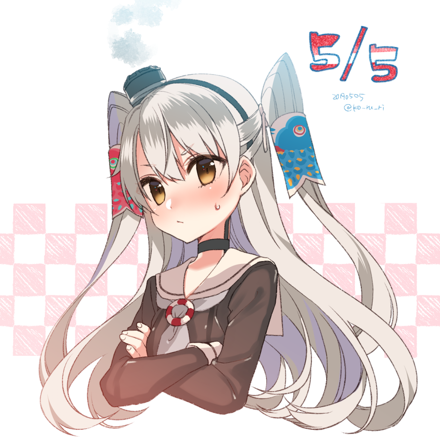 1girl amatsukaze_(kantai_collection) blush brown_dress brown_eyes checkered checkered_background commentary_request cropped_torso crossed_arms dress hair_tubes hat kantai_collection koinobori koruri lifebuoy long_hair looking_at_viewer mini_hat sailor_collar sailor_dress short_dress silver_hair smoke solo two-tone_background two_side_up white_background white_sailor_collar